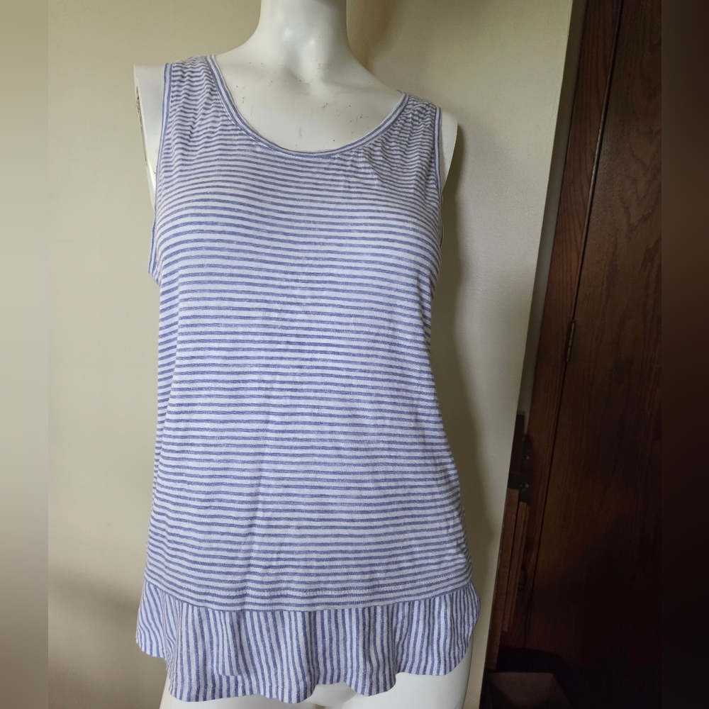 Kenar Blue and White Linen Striped Sleeveless Blouse Top